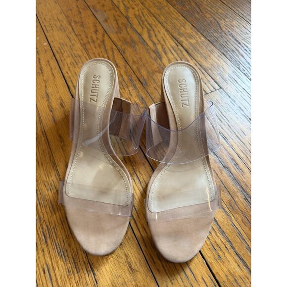 Schutz Victorie Shoes Womens Size 9B Beige Clear PVC Block Heel Slide Sandals